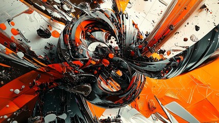 Poster - Abstract digital art with swirling orange, black, and white shapes.