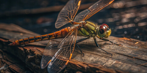 A detailed close-up of a dragonfly perched on a rock, showcasing its intricate wings and body in a natural setting. Captures the essence of nature's beauty.