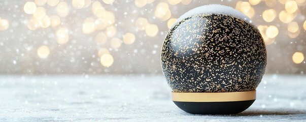 Black 3D snow globe with golden details, glowing softly in a minimalist setting, luxurious holiday decoration