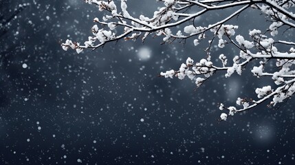 Wall Mural - A minimalist composition of white snow covered branch on dark blue backgroud with snowflakes