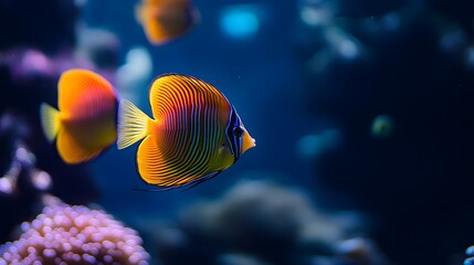 A group of colorful tropical fish swimming in the water, with vibrant colors and beautiful coral reefs around them