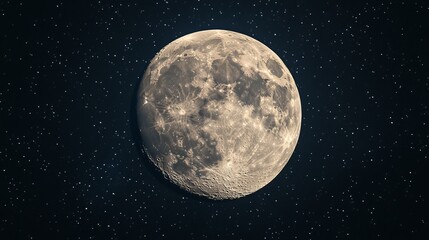 Canvas Print - A close-up view of a nearly full moon reveals its textured surface, showcasing intricate craters and rugged landscapes against the deep black night sky. 