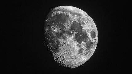 Canvas Print - A close-up view of a nearly full moon reveals its textured surface, showcasing intricate craters and rugged landscapes against the deep black night sky. 