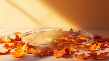 Poster - Brightly colored autumn leaves in shades of orange and red surround a clear glass dish on a light-colored table. Sunlight filters in, casting gentle shadows and warm tones around the setting.