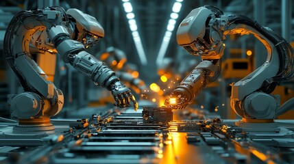 Poster - Two robotic arms working together on a production line, placing components on a circuit board.
