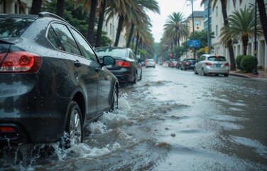 a car driving through a flooded street