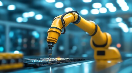 Poster - A yellow robotic arm with a drill bit working on a circuit board in a factory setting.