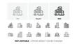 © blankstock - Bank, Hotel, Courthouse. Buildings line icons. City, Real estate, Architecture buildings icons. Hospital, town house, museum. Urban architecture, city skyscraper. Linear set. Line icons set. Vector