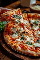 Hand pulling a slice of margherita pizza, freshly baked with mozzarella and basil from an authentic Italian restaurant or homemade wood tray.