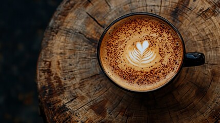 Wall Mural - A steaming cup of hot cappuccino sits on a wooden table, showcasing an intricate spiral foam design atop its rich, dark espresso. 