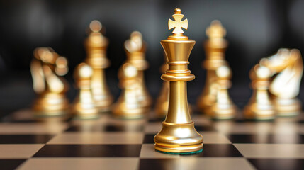 Elegant chess board featuring a gleaming gold king piece, symbolizing strategy and power in a classic game of intellect and skill, set against a rich wooden background.