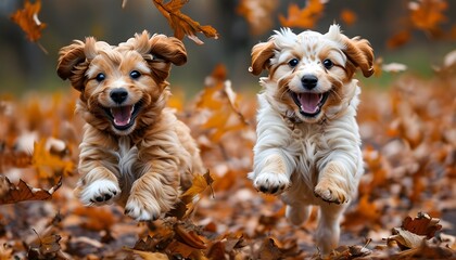 Joyful Puppies Frolicking in a Sea of Autumn Leaves