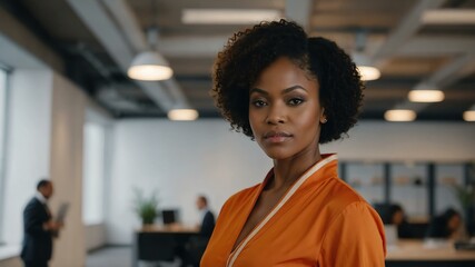 Wall Mural - twenties african woman in orange attire on office background model portrait looking confident for ad concept space for text