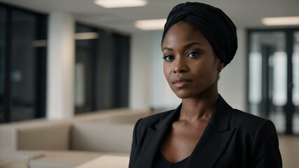 Wall Mural - twenties african woman in black attire on office background model portrait looking confident for ad concept space for text