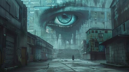 Canvas Print - Surreal Cityscape with a Giant Eye Watching Over