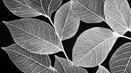 A detailed black and white leaf pattern with veins and textures highlighted against a solid background