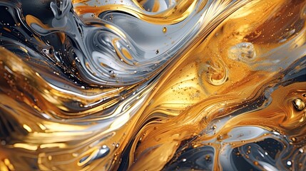 Wall Mural - An elegant and sophisticated abstract liquid background with golden and silver metallic hues, swirling and reflecting light. 