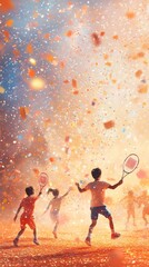 A group of children playing tennis with confetti falling around them