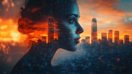 double exposure portrait of confident business team merged with modern skyscraper cityscape symbolizing success and urban progress