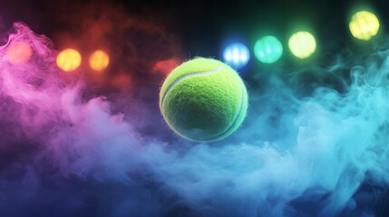 A tennis ball is in the air, surrounded by colorful lights and smoke
