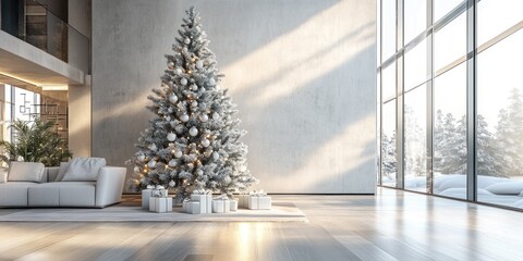decorated christmas tree with presents in modern living room
