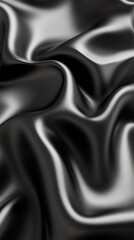 A close-up of smooth, shiny black fabric with elegant folds and curves.