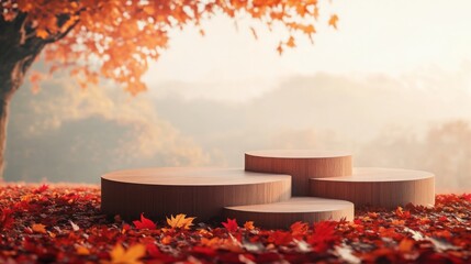 Poster - A close-up image of three wooden platforms, positioned in a staggered formation. The platforms are resting on a bed of red autumn leaves, which are scattered around the base of a tree trunk