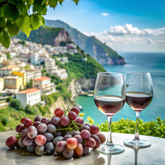  Two glasses of red wine set against a picturesque coastal backdrop, accompanied by a bunch of grapes on a table, conveying a sense of relaxation and luxury.