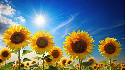 Vibrant sunflower field against sunny blue sky silhouette