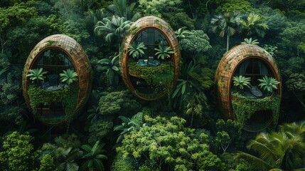 Beetle shell pavilions, tropical forest, midday, bird's-eye view, detailed textures, lush greenery, wide-angle shot, clear sky