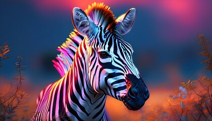 Vibrant Neon Zebra Portrait with Bold Colors and Intricate Patterns