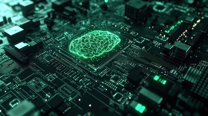 A close-up of a circuit board with a glowing brain-like design, symbolizing technology and AI.