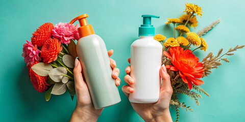 Two hands hold brightly colored shampoo and conditioner bottles against a solid light background, symbolizing skin care and hygiene products.