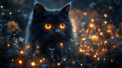 Wall Mural - enchanted forest scene with a magical black cat glowing yellow eyes surrounded by bioluminescent plants and fireflies dark mysterious atmosphere