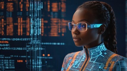 Young woman programmer working with holographic code display wearing smart glasses