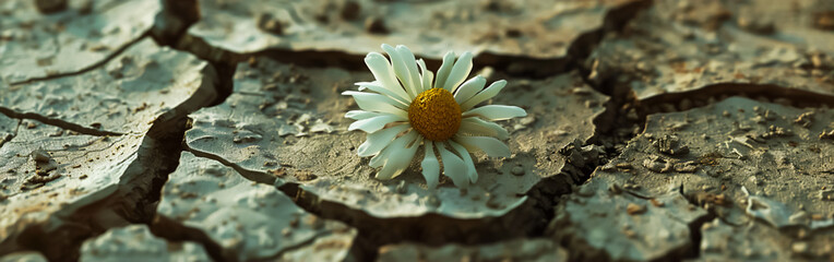 A single white daisy with a yellow center grows through cracked, dry soil. The contrast between the delicate, bright flower and the parched, textured earth symbolizes resilience and hope in harsh cond