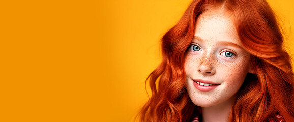 Wall Mural - Portrait of a beautiful innocent looking young woman with red hair, green eyes and freckles, looking at camera and smiling, on yellow-orange background with copy space. Generative Ai.