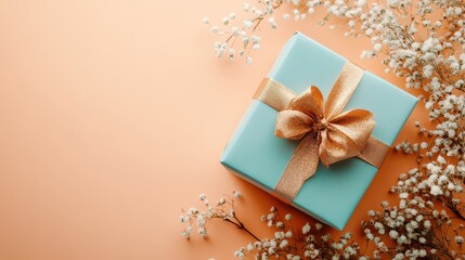 Wall Mural - A beautifully wrapped gift box with a ribbon, surrounded by delicate flowers on a soft background.