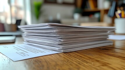 Stack of official documents and forms on wooden desk in office