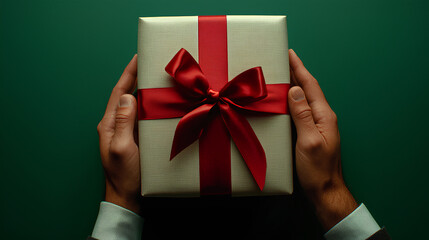 Person is holding a gift box with a red ribbon