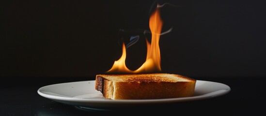 Burning toast on a white plate, on a black background