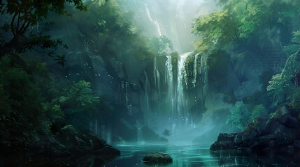 Wall Mural - Enchanted Waterfall in a Lush Forest - Tranquil Nature Scene