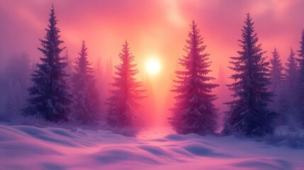 Wall Mural - ethereal winter landscape snowladen pine forest at twilight pastel sky ablaze with sunset hues serene atmosphere soft focus dreamy lighting muted color palette