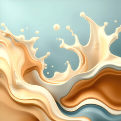 Fototapete - Organic lines of milk and coffee create a dynamic abstract composition on a light blue background. Design element