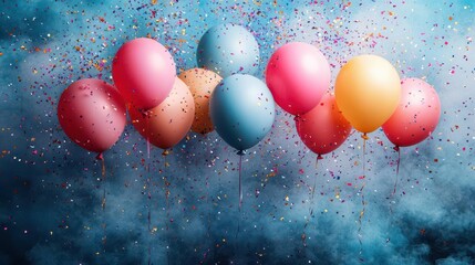 Wall Mural - explosion of colorful confetti and balloons creating a festive birthday backdrop vibrant hues and playful patterns with streamers and party decorations in a joyful composition