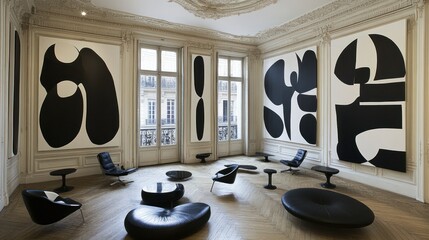 Wall Mural - A modern art gallery featuring abstract black shapes on white walls and contemporary seating.