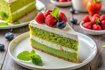 A delectable slice of matcha green tea cake rests on a white plate, adorned with whipped cream and vibrant fresh berries, creating a delightful treat.