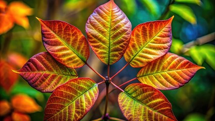 A detailed view of a Poison Ivy leaf showcases its signature three leaflets and vibrant green hue against a lush, natural backdrop. Beautiful yet treacherous.