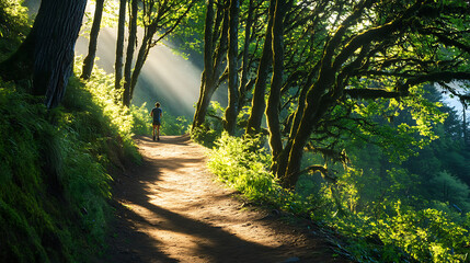 Canvas Print - Scenic hiking trail with a person walking along it, surrounded by lush greenery and sunlight filtering through the trees