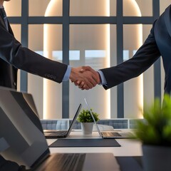 A diverse professional handshake between two businessmen executives in a modern office setting